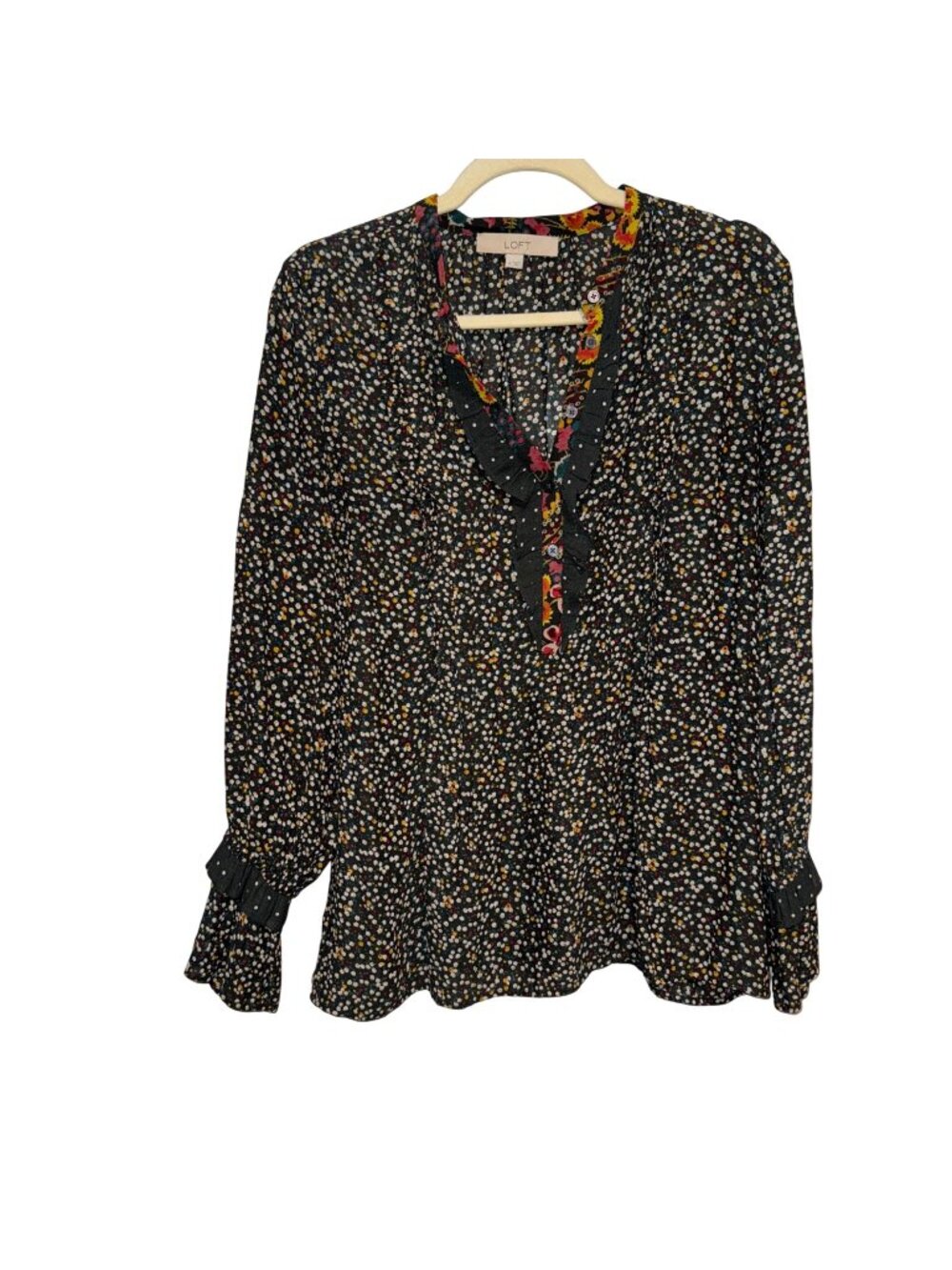 Loft Black Floral Long Sleeve Blouse With Ruffle Trim & Button Details Size M